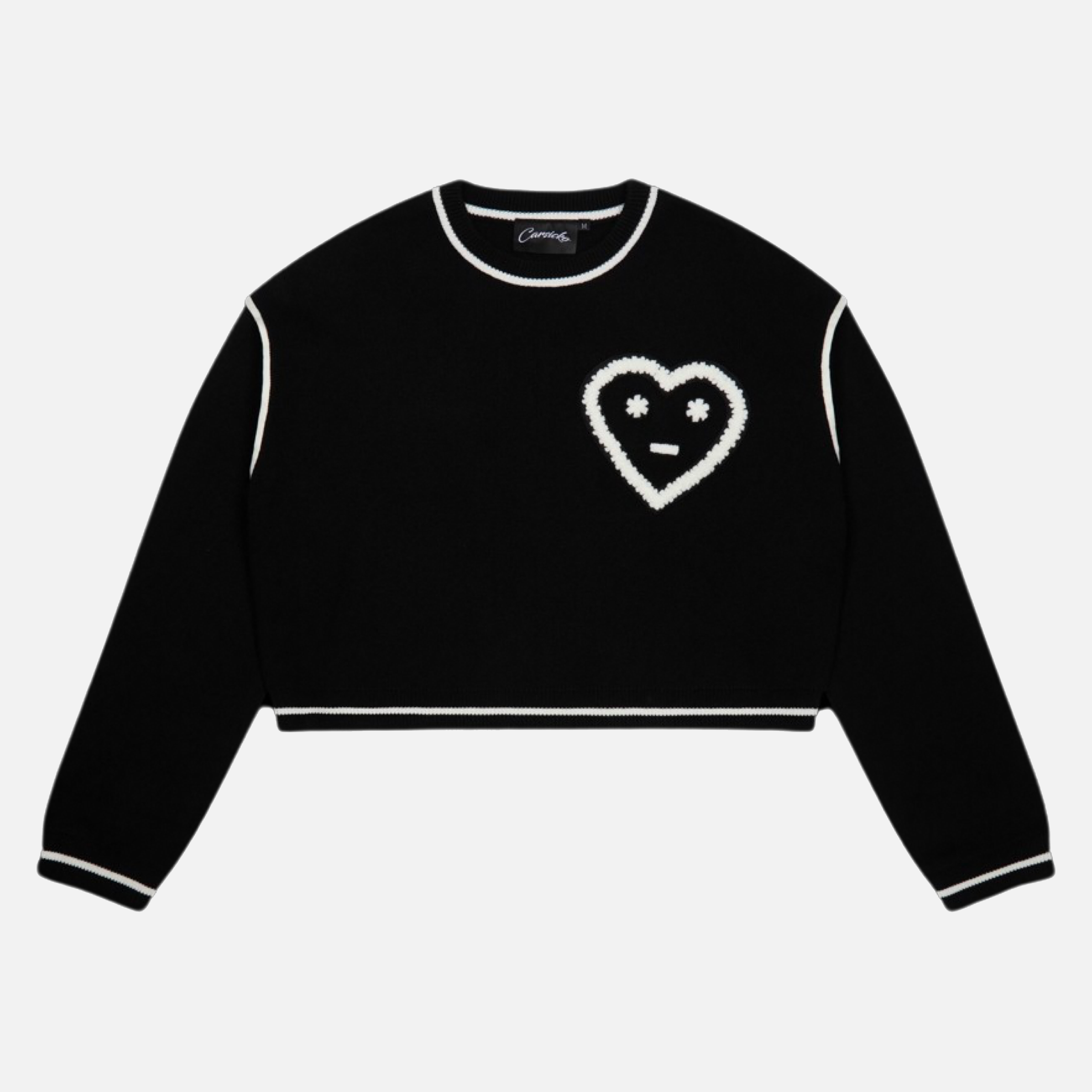 Black Carsicko knit sweater with 'Don't Touch' design.